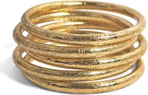 Handmade Brass Pipe Bangle Set – Floral Embossed Slim Round Bangles in Golden Finish – Stackable Bracelet Set for Women – Sine qua non Viscondesa Collection