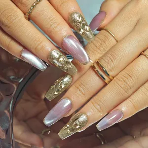 Handmade Press On nails Coffin, Cat Eye Press On Nails Medium, Glitter Nails For Women Gift, Reusable Stick On Fake Nails Kit With Nail Glue (Mauve/Gold, M)