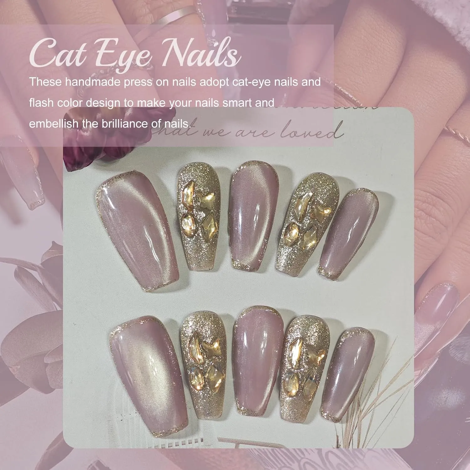 Handmade Press On nails Coffin, Cat Eye Press On Nails Medium, Glitter Nails For Women Gift, Reusable Stick On Fake Nails Kit With Nail Glue (Mauve/Gold, M)
