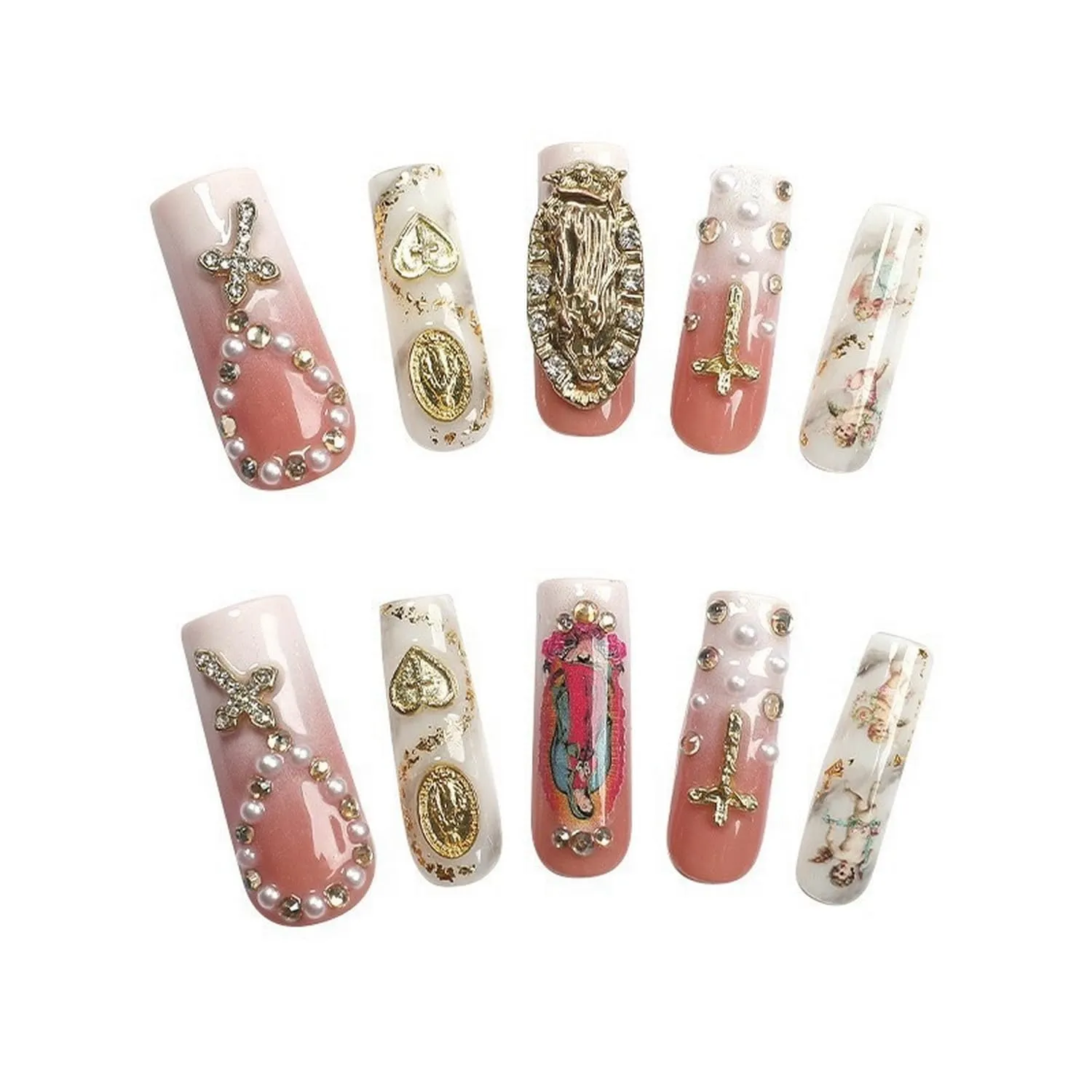 Handmade Press on Nails Long Coffin Fake Nails with 3D Luxury Pearl Rhinestones Design Heart False Nails Muti-Layer Gel Acrylic Nails Gradient Thick Stick on Nails for Women Nail Art (Size M)