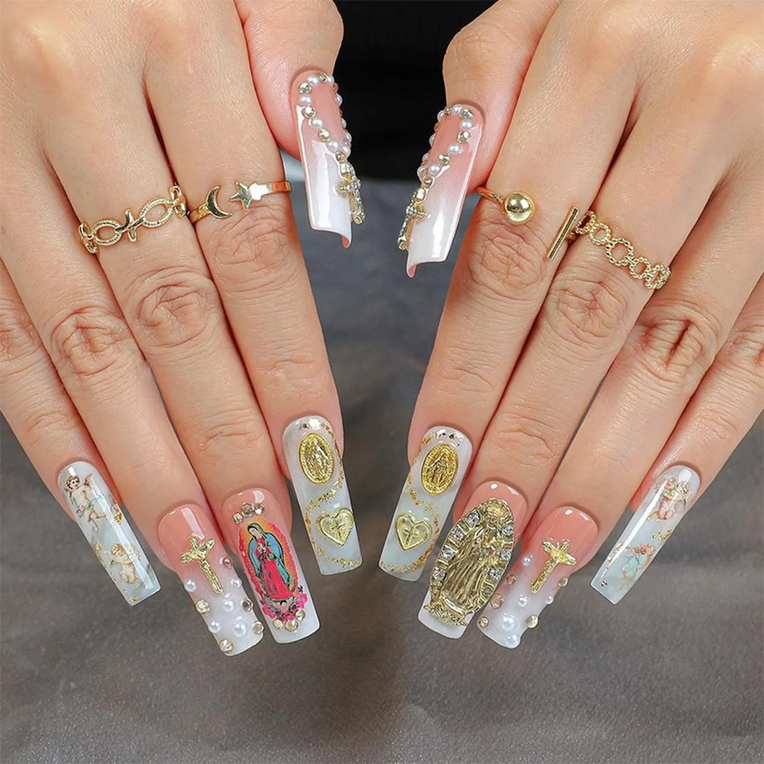 Handmade Press on Nails Long Coffin Fake Nails with 3D Luxury Pearl Rhinestones Design Heart False Nails Muti-Layer Gel Acrylic Nails Gradient Thick Stick on Nails for Women Nail Art (Size M)