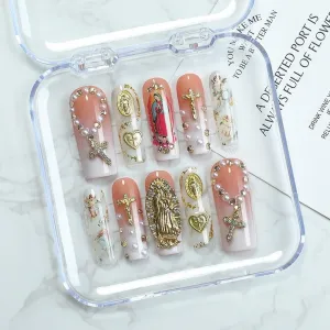Handmade Press on Nails Long Coffin Fake Nails with 3D Luxury Pearl Rhinestones Design Heart False Nails Muti-Layer Gel Acrylic Nails Gradient Thick Stick on Nails for Women Nail Art (Size M)