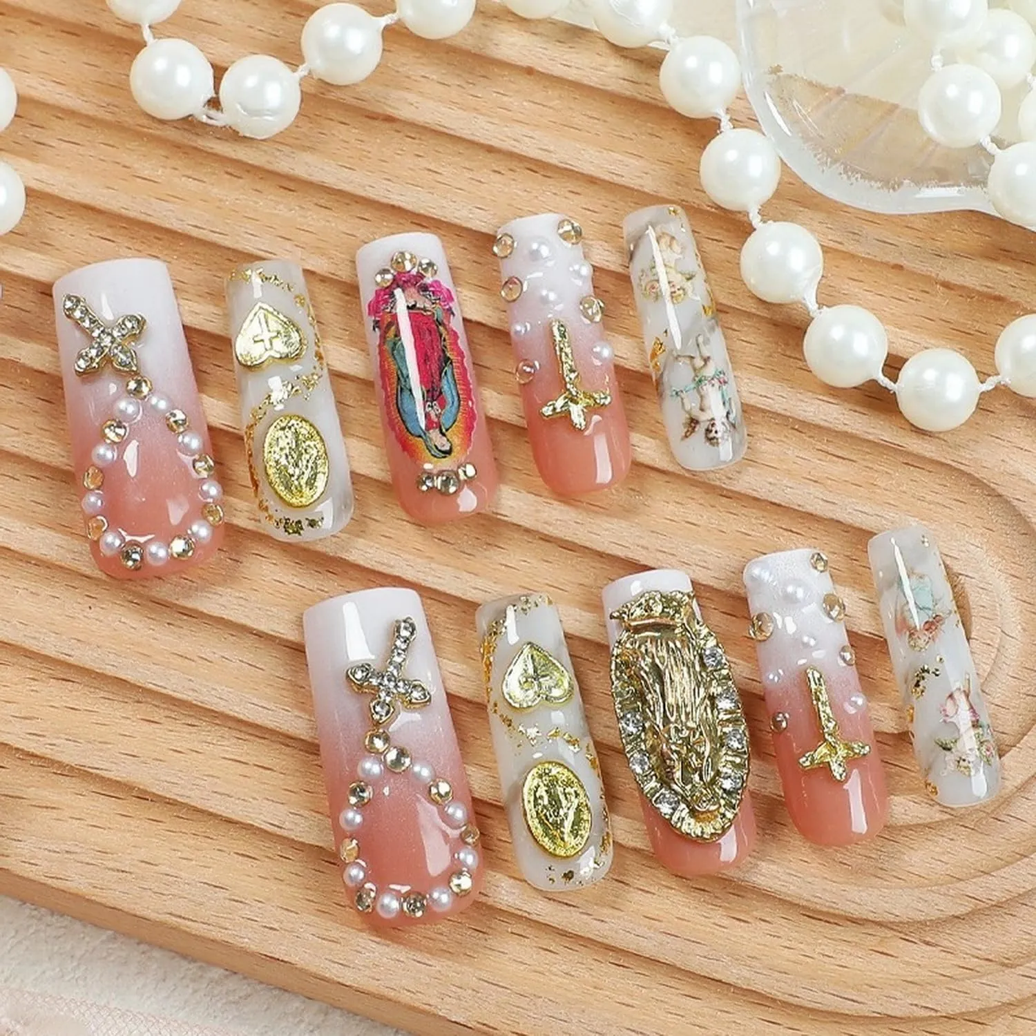 Handmade Press on Nails Long Coffin Fake Nails with 3D Luxury Pearl Rhinestones Design Heart False Nails Muti-Layer Gel Acrylic Nails Gradient Thick Stick on Nails for Women Nail Art (Size M)