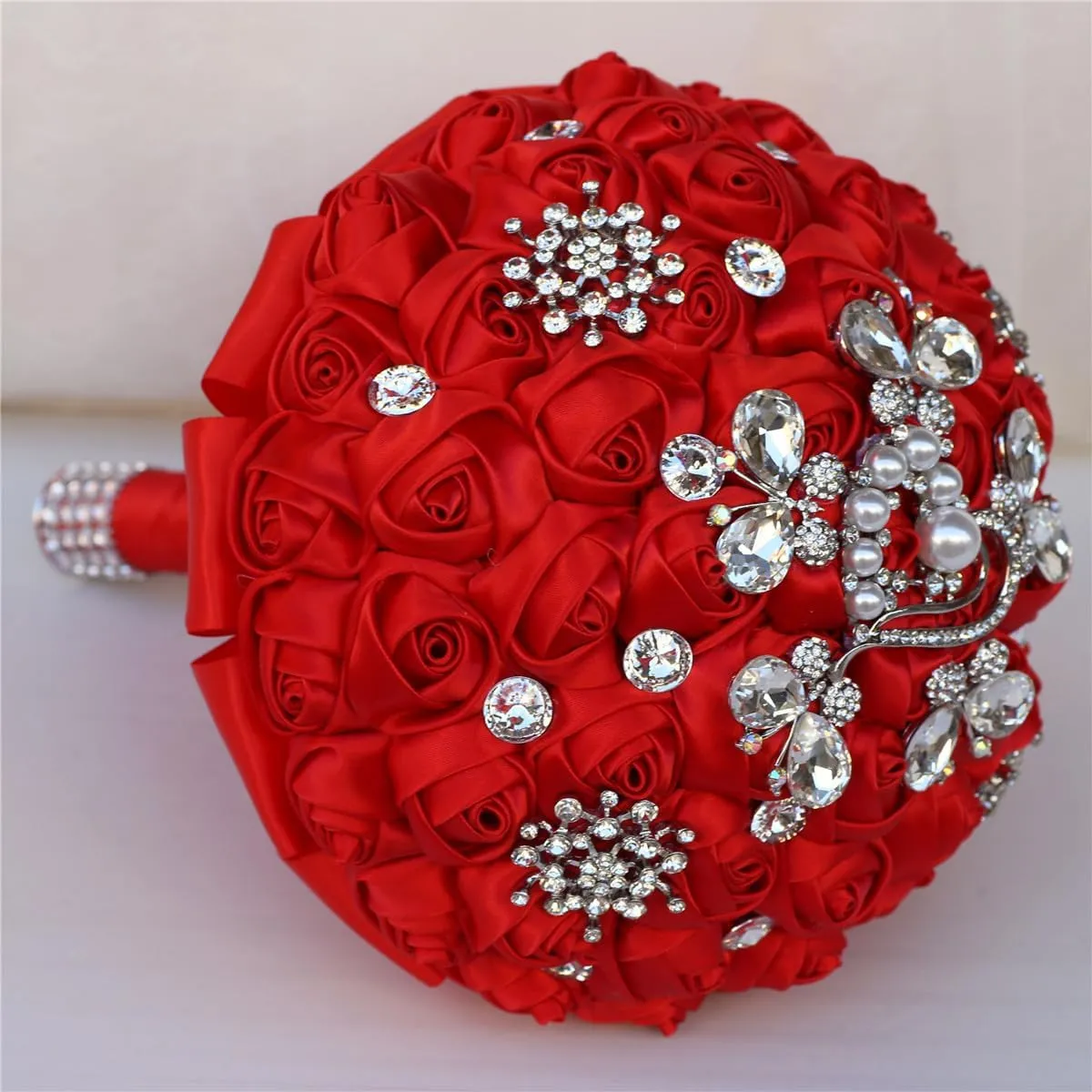 Handmade Rhinestone Brooch Satin Bridal Bouquet,Crystal Wedding Round Tossing Bouquet,Artificial Flower Bunch with Diamond Pearl Ribbon 7.1"(95#red)