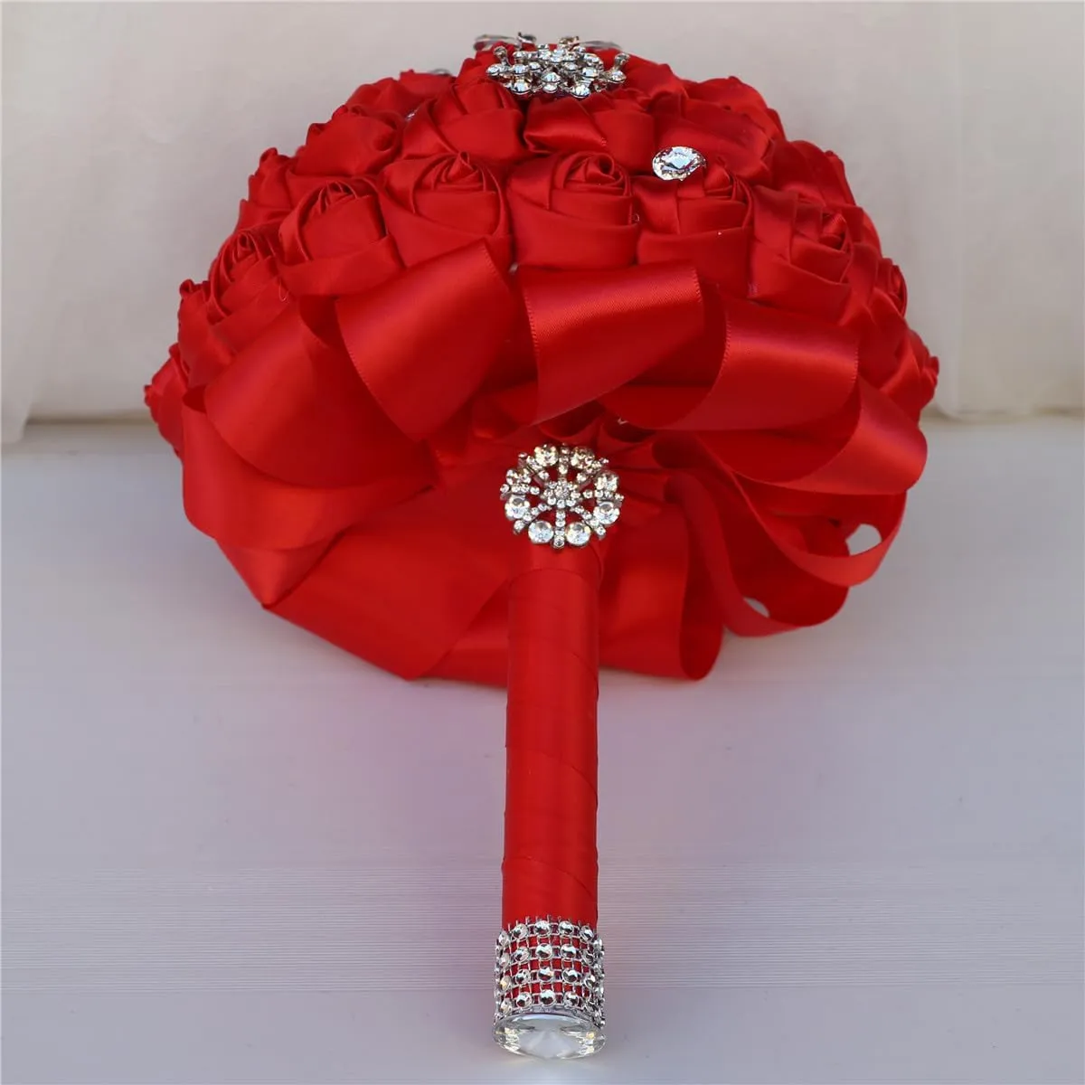 Handmade Rhinestone Brooch Satin Bridal Bouquet,Crystal Wedding Round Tossing Bouquet,Artificial Flower Bunch with Diamond Pearl Ribbon 7.1"(95#red)
