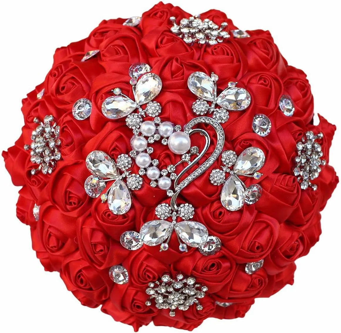 Handmade Rhinestone Brooch Satin Bridal Bouquet,Crystal Wedding Round Tossing Bouquet,Artificial Flower Bunch with Diamond Pearl Ribbon 7.1"(95#red)