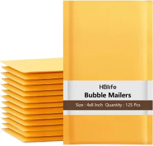 HBlife 125Pcs Bubble Mailers, 4x8 Inches Self Seal Kraft Poly Mailers, Padded Envelopes Shipping Bags Packaging for Small Business