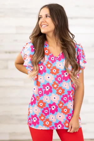 Hot Pink and Cornflower Floral Print Top