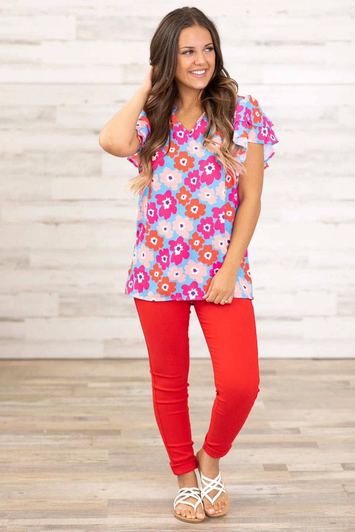 Hot Pink and Cornflower Floral Print Top