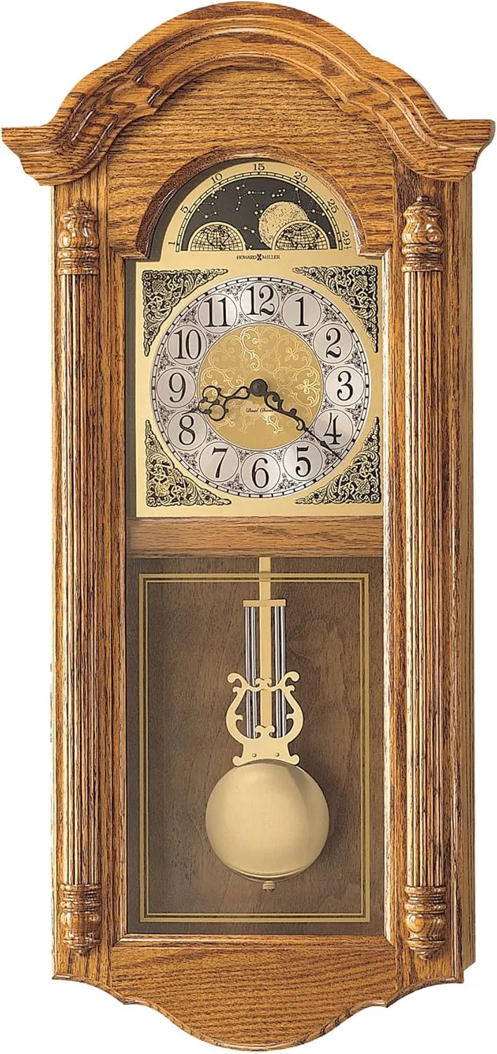 Howard Miller Fenton Wall Clock, Crystal Glass Golden Pendulum Wall Clocks, Analog Display Ave Maria Chime Movement Perfect for Living Room & Home Decor, Home Shape Portable Clock