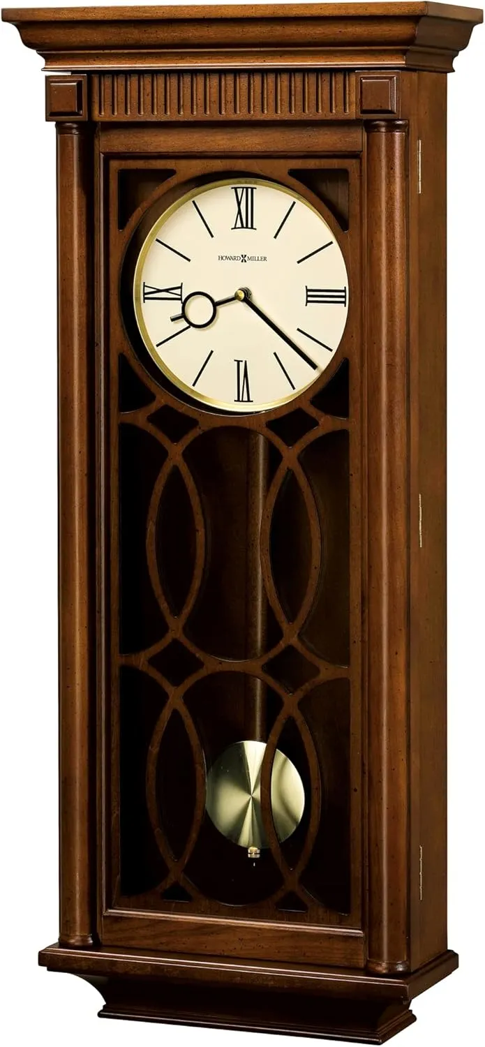 Howard Miller Kathryn Wall Clock, Wooden Finish Analog Display with Roman Numerals Wall Mount, Golden Pendulum Triple-Chime Movement Battery Operated Perfect for Home Decor, Office & Living Room