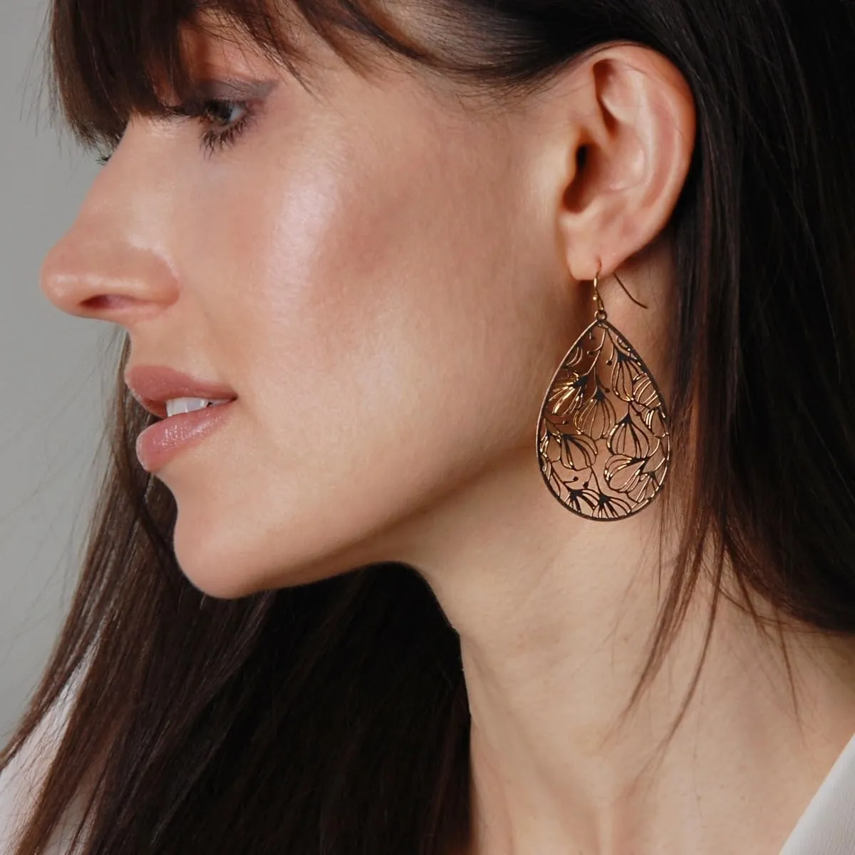 Humble Chic Teardrop Dangle Earrings for Women - Gold, Rose, or Silver Tone Delicate Lightweight Filigree Statement Earrings
