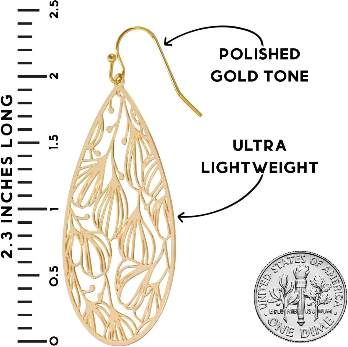 Humble Chic Teardrop Dangle Earrings for Women - Gold, Rose, or Silver Tone Delicate Lightweight Filigree Statement Earrings
