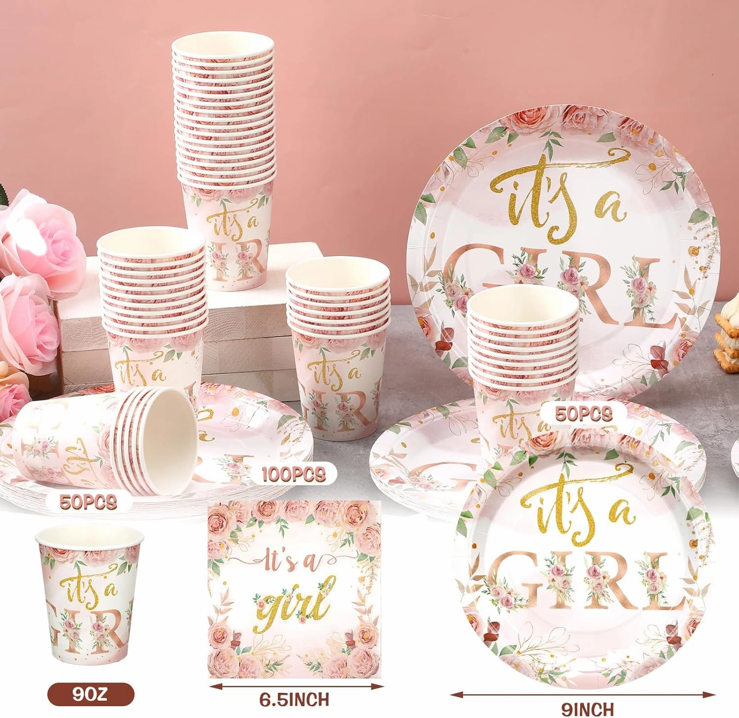 Hushee 200 Pcs Floral Baby Shower Paper Plates Napkins Cups Baby Shower Party Supplies Tableware Set Rose Gold Disposable Cup Napkin for 50 Guest Girls Spring Party Decoration