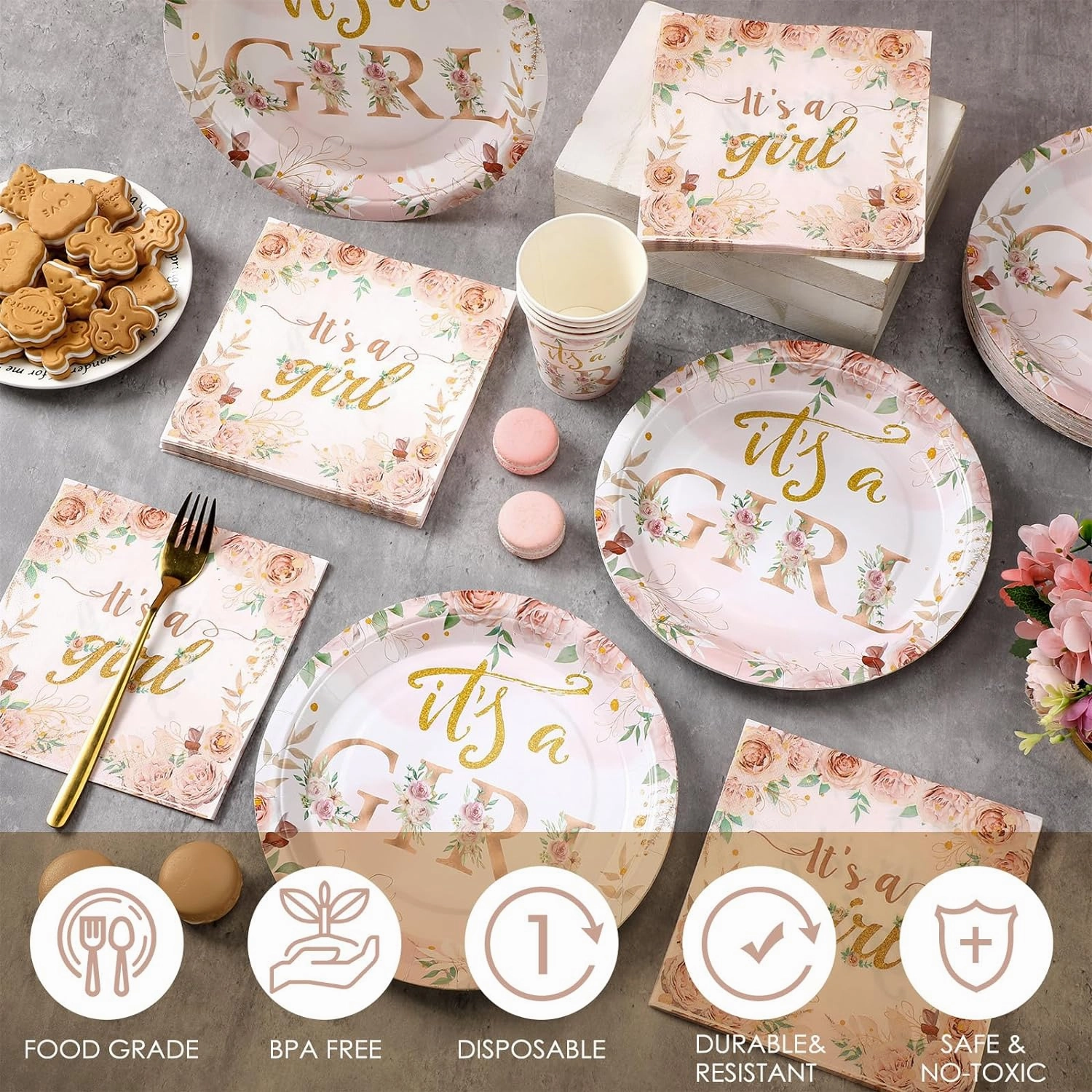 Hushee 200 Pcs Floral Baby Shower Paper Plates Napkins Cups Baby Shower Party Supplies Tableware Set Rose Gold Disposable Cup Napkin for 50 Guest Girls Spring Party Decoration