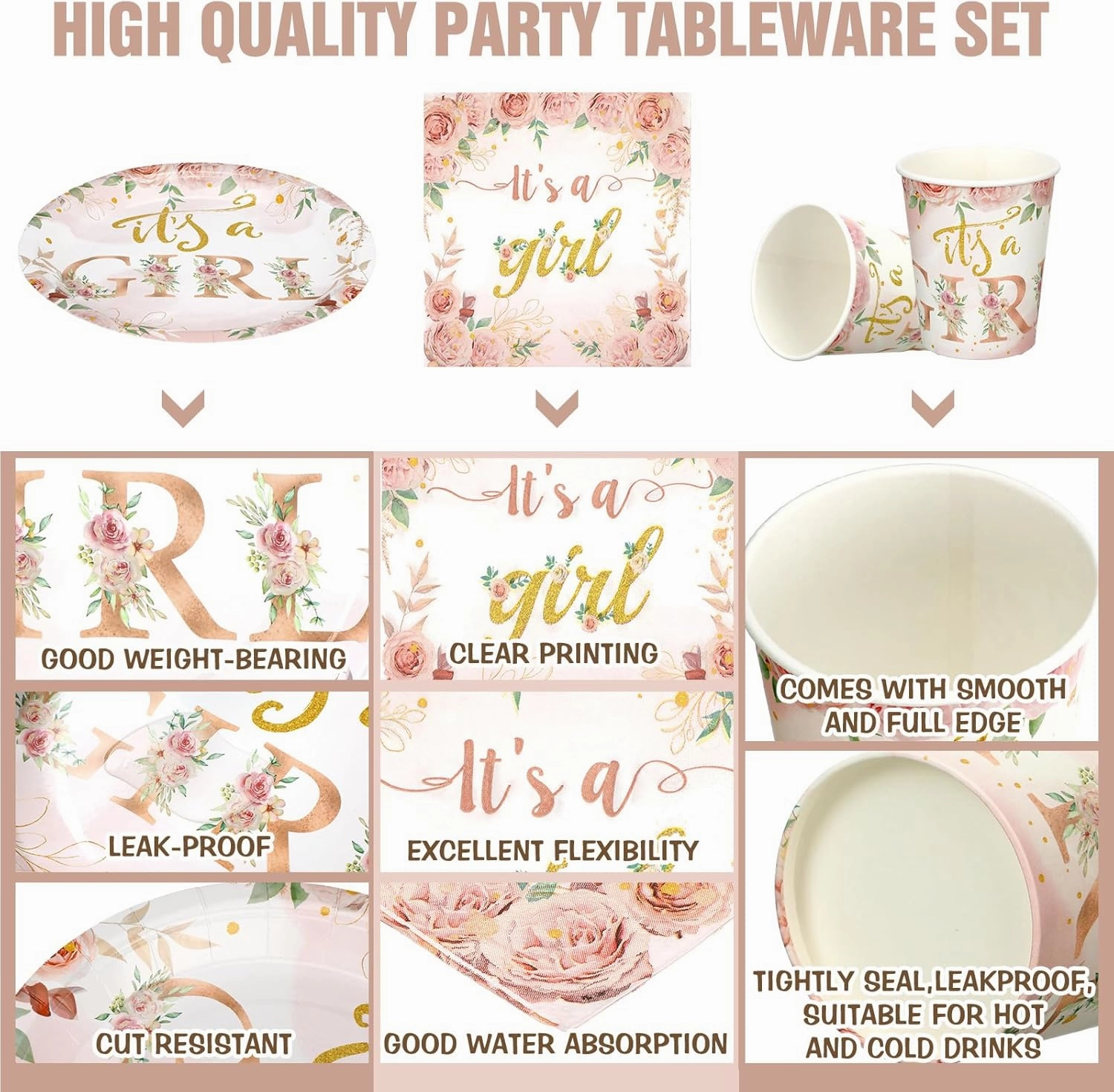 Hushee 200 Pcs Floral Baby Shower Paper Plates Napkins Cups Baby Shower Party Supplies Tableware Set Rose Gold Disposable Cup Napkin for 50 Guest Girls Spring Party Decoration