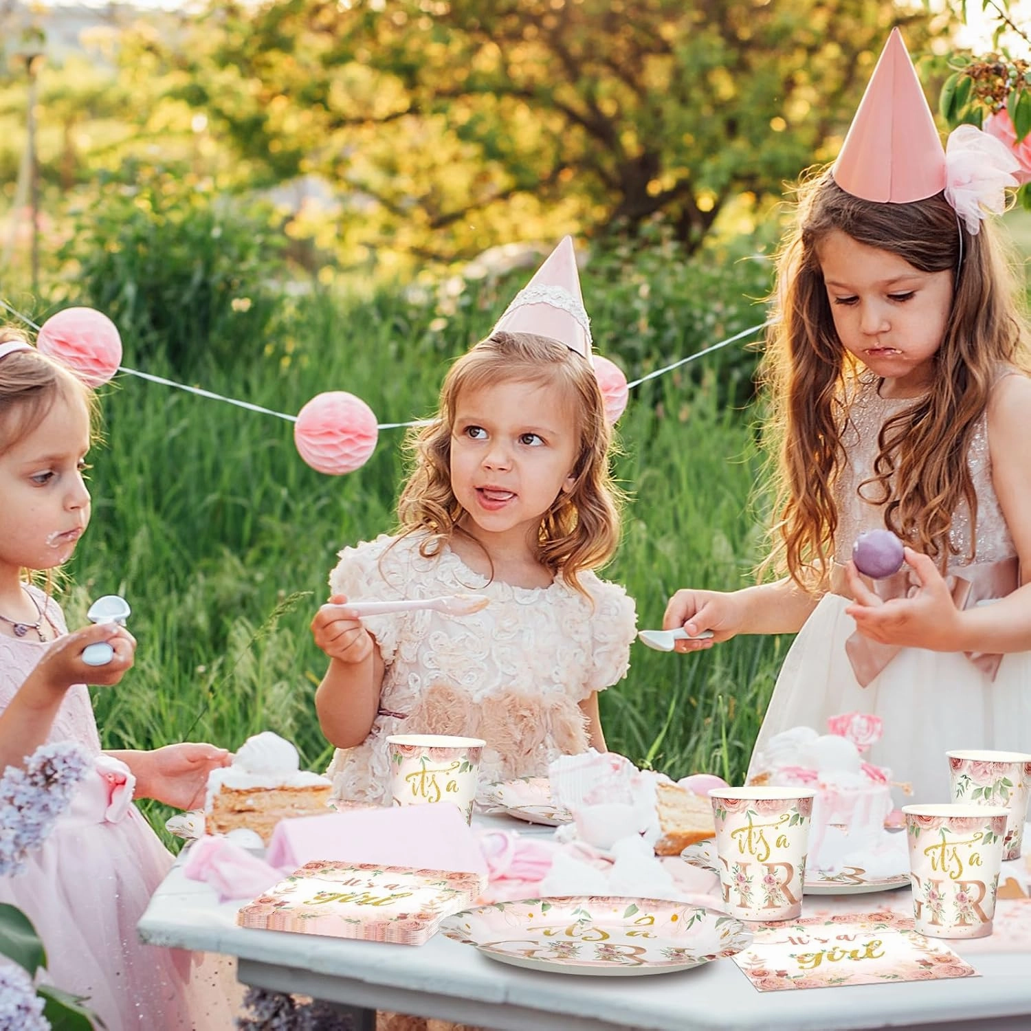 Hushee 200 Pcs Floral Baby Shower Paper Plates Napkins Cups Baby Shower Party Supplies Tableware Set Rose Gold Disposable Cup Napkin for 50 Guest Girls Spring Party Decoration