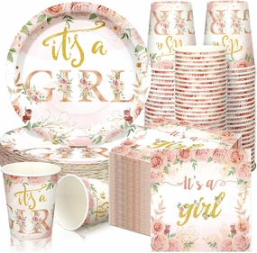 Hushee 200 Pcs Floral Baby Shower Paper Plates Napkins Cups Baby Shower Party Supplies Tableware Set Rose Gold Disposable Cup Napkin for 50 Guest Girls Spring Party Decoration