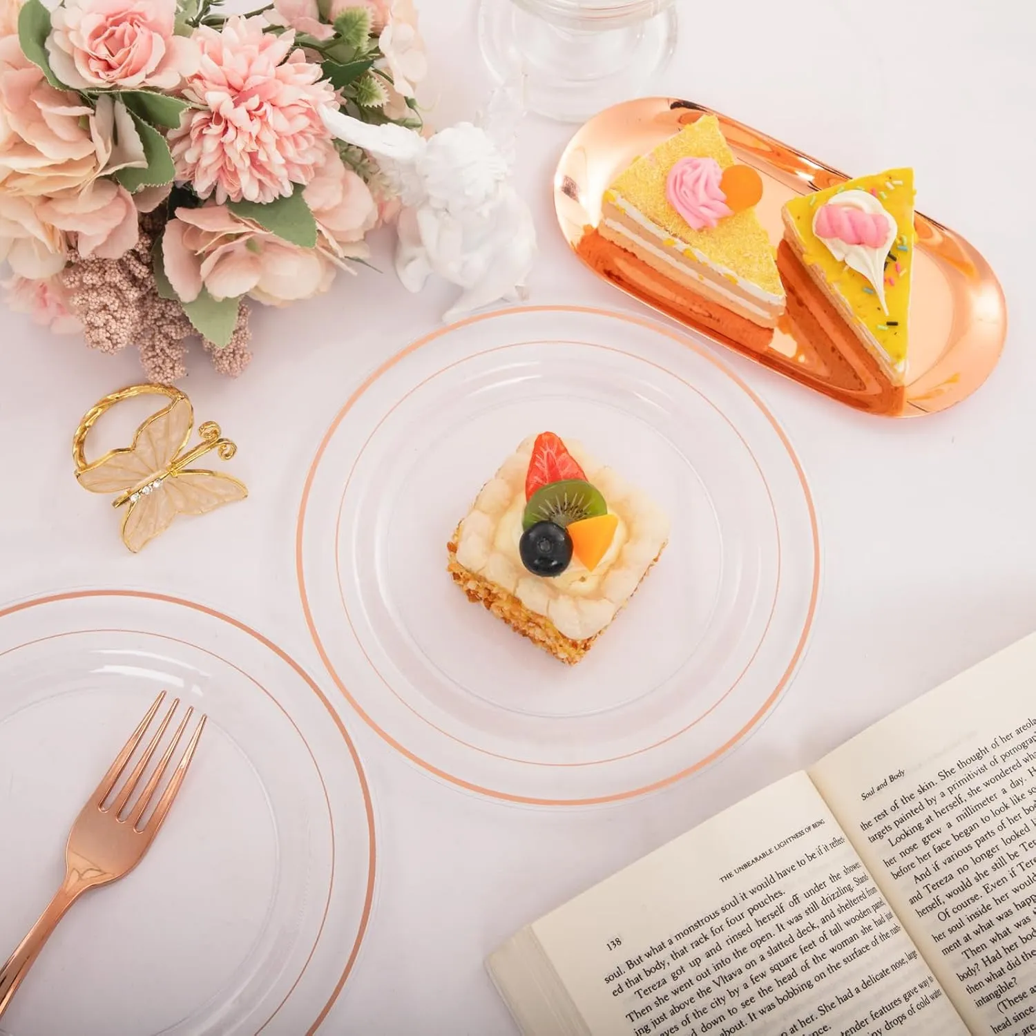 I00000 72 Pcs Rose Gold Plastic Dessert Plates7.5& 70 Pcs Plastic Forks7.4, Premium Salad Plates, Heavy Duty Disposable Plate for Party,Disposable Appetizer Plates Great for Wedding