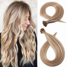 I Tip Remy Human Hair Extensions Cold Fusion Hair Piece Pre Bonded Keratin Stick In Hair Extensions Long Straight #18/613 Golden Brown Highlighted Bleach Blonde Hairpieces 100 Strands 100g 14"