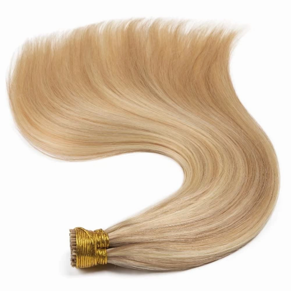 I Tip Remy Human Hair Extensions Cold Fusion Hair Piece Pre Bonded Keratin Stick In Hair Extensions Long Straight #18/613 Golden Brown Highlighted Bleach Blonde Hairpieces 100 Strands 100g 14"