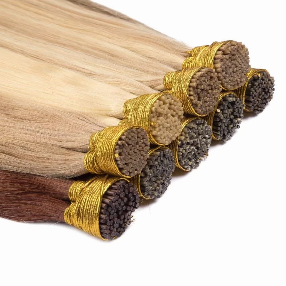 I Tip Remy Human Hair Extensions Cold Fusion Hair Piece Pre Bonded Keratin Stick In Hair Extensions Long Straight #18/613 Golden Brown Highlighted Bleach Blonde Hairpieces 100 Strands 100g 14"