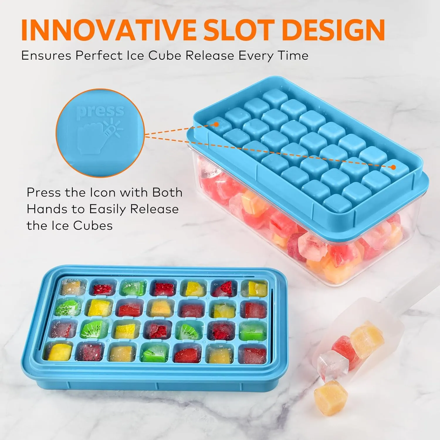 Ice Cube Tray with Lid and Bin, 56 Pcs Ice Cube Trays for Freezer, Ice Cube Mold, Ice Molds Spill-Resistant Removable Lid & Ice Scoop, Ice Mold for Whiskey Cocktail, Tea, Coffee -Blue
