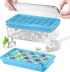 Ice Cube Tray with Lid and Bin, 56 Pcs Ice Cube Trays for Freezer, Ice Cube Mold, Ice Molds Spill-Resistant Removable Lid & Ice Scoop, Ice Mold for Whiskey Cocktail, Tea, Coffee -Blue