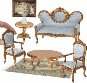 iLAND Victorian Dollhouse Furniture Set, Doll House Furniture and Accessories, Miniature Dollhouse Sofa with 1/12 Scale Accessories 8pcs, Mothers Gift, Wife Gift, Bookshelf Décor (Gold & Blue)