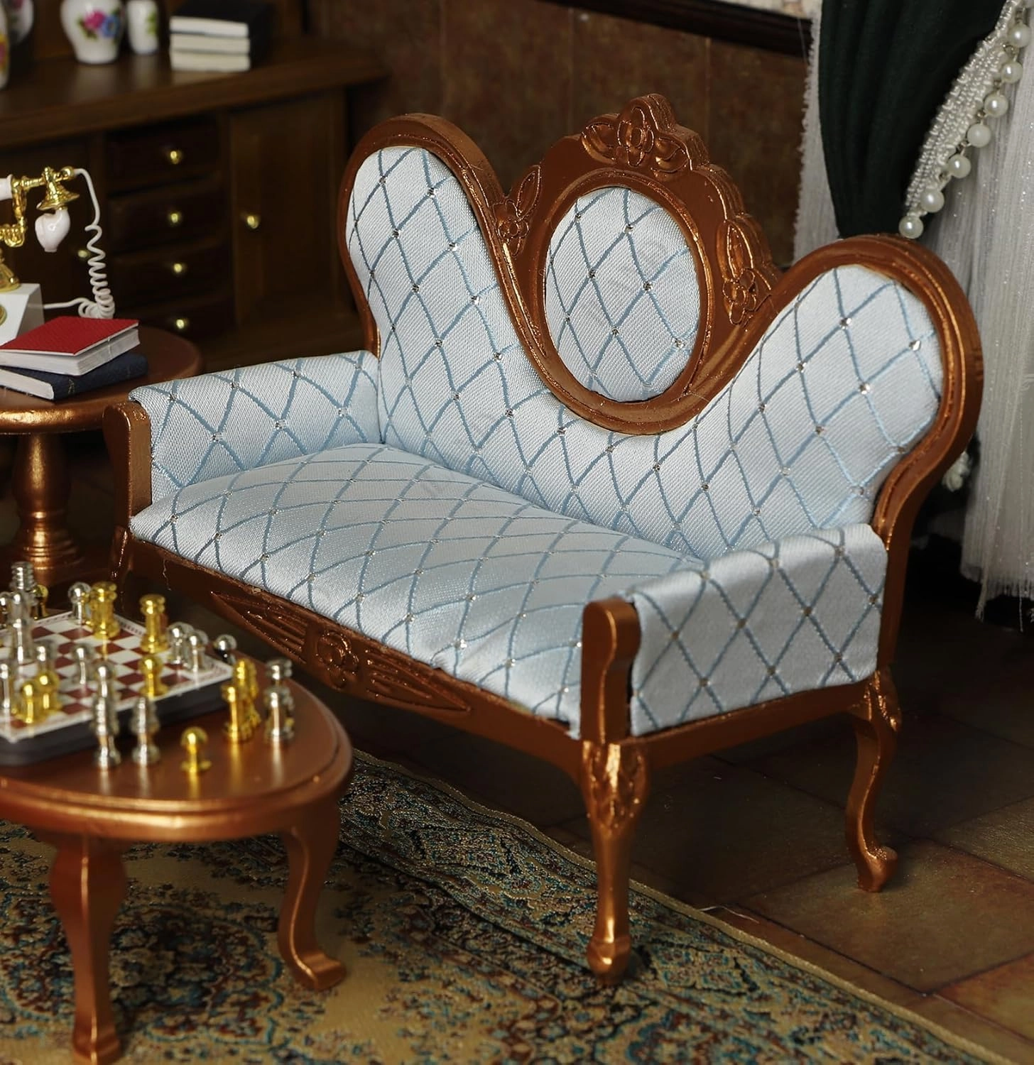 iLAND Victorian Dollhouse Furniture Set, Doll House Furniture and Accessories, Miniature Dollhouse Sofa with 1/12 Scale Accessories 8pcs, Mothers Gift, Wife Gift, Bookshelf Décor (Gold & Blue)