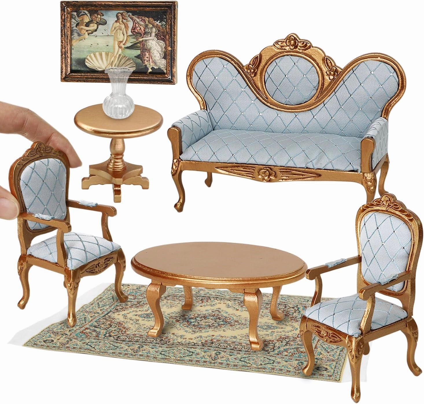 iLAND Victorian Dollhouse Furniture Set, Doll House Furniture and Accessories, Miniature Dollhouse Sofa with 1/12 Scale Accessories 8pcs, Mothers Gift, Wife Gift, Bookshelf Décor (Gold & Blue)