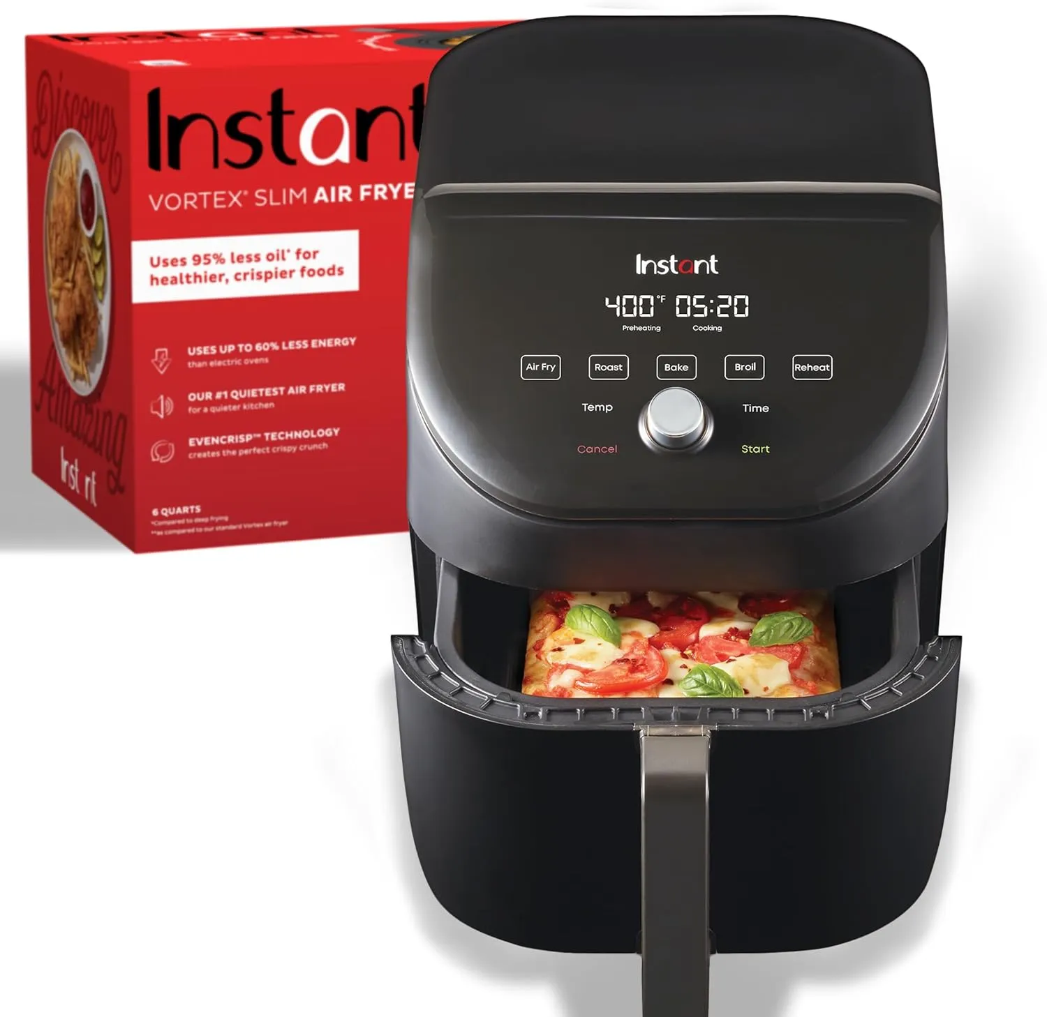 Instant Pot Vortex Slim XL 6QT Air Fryer that Crisps, Roasts, Reheats, Bakes, Broils & is Quiet, Space Saving, Nonstick, Dishwasher-Safe, 100  In-App Recipes, from the Makers of Instant Pot, Black