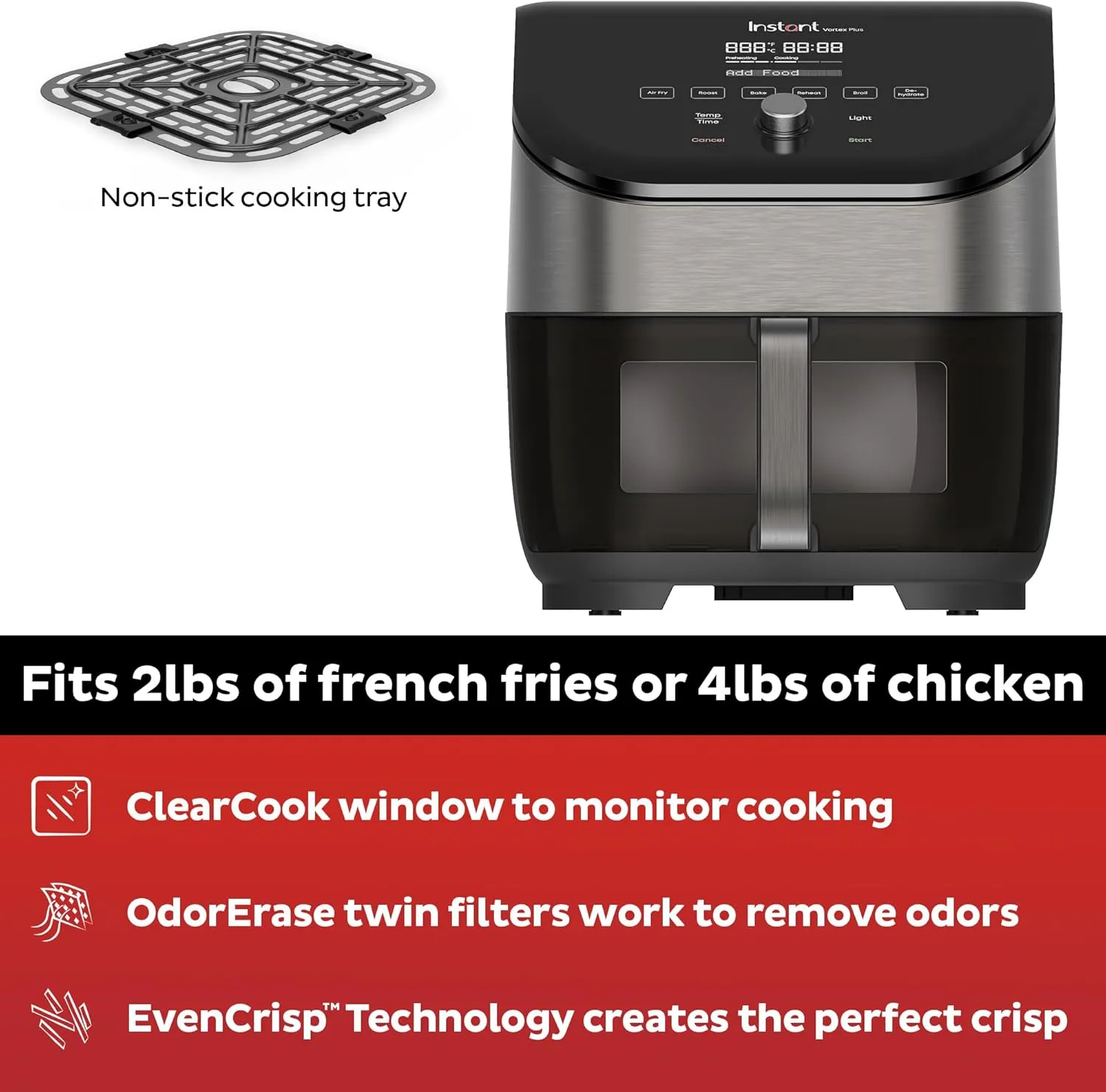 Instant Vortex Plus 6QT Air Fryer with Odor Erase Technology, 6-in-1 Functions that Crisps, Roasts, Broils, Dehydrates, Bakes & Reheats, 100 In-App Recipes, from the Makers of Instant Pot,1700W,Black