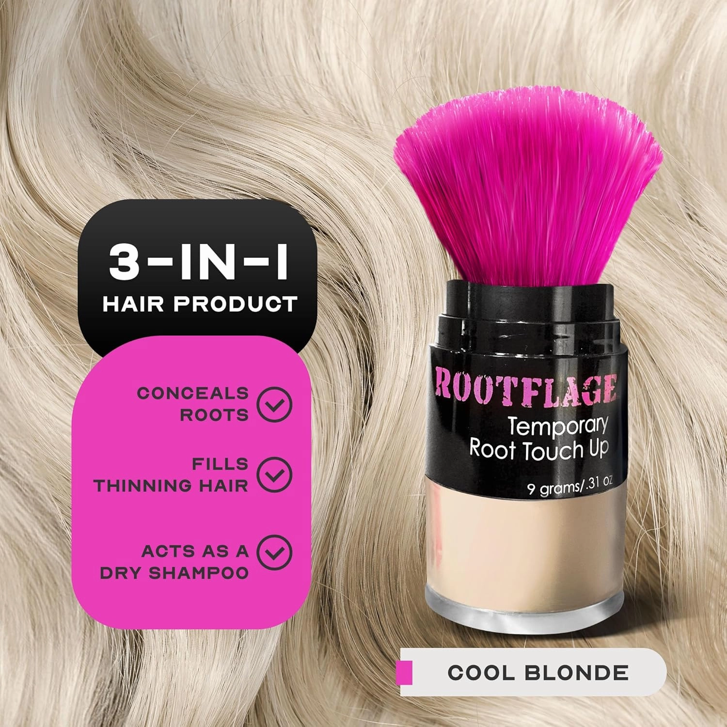 Instant Blonde Root Touch Up Hair Powder - Temporary Color, Thinning Hair Concealer with Applicator Brush, .31 oz (03 COOL BLONDE)