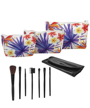 JE Bundle (3 Piece Set) Cosmetic Tropical Bags and (7 Piece Set) Makeup Brush Set with Travel Bag