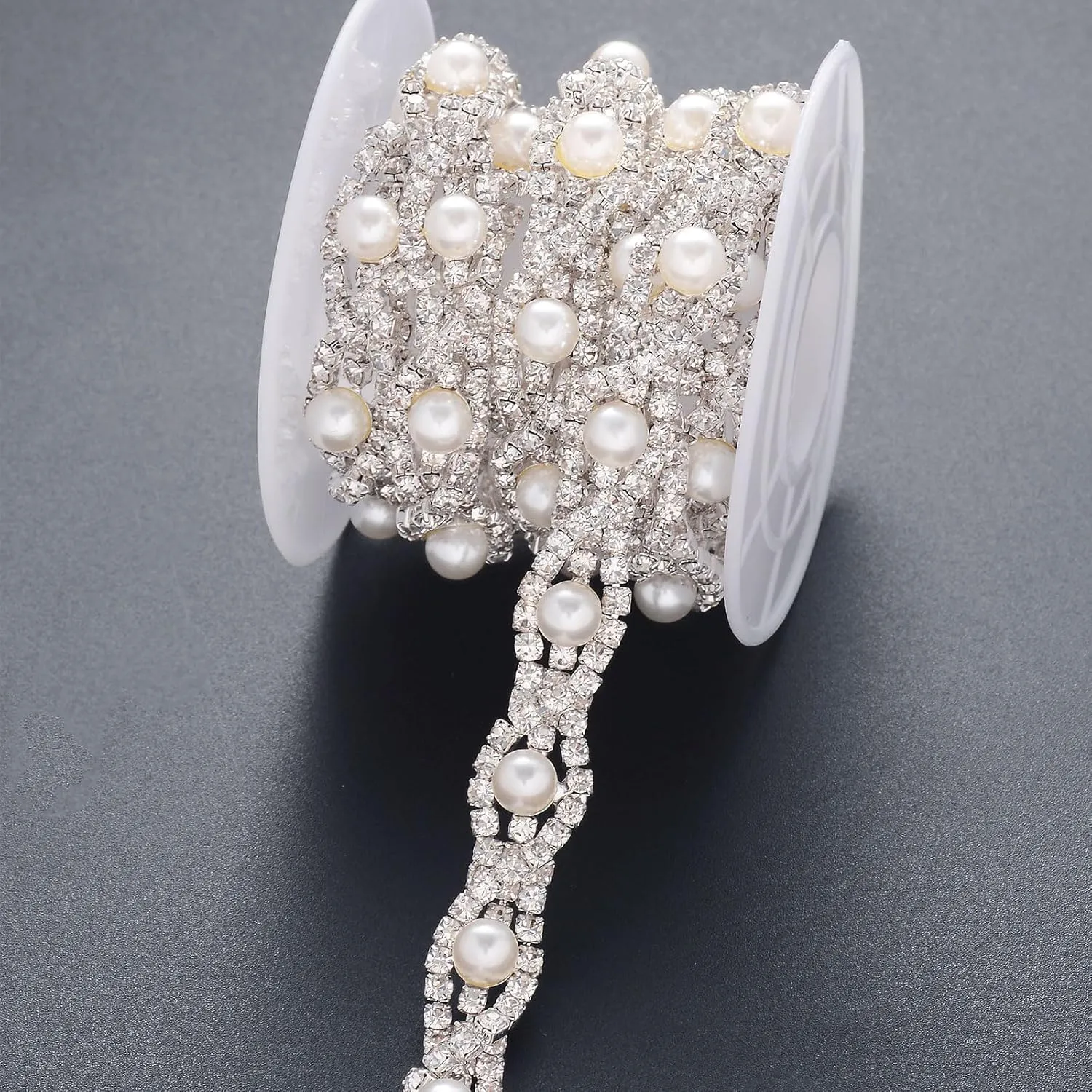 Jerler 1 Yard Pearl Rhinestone Trim, Inlaid Pearl Beaded Chain, Crystal Applique Ideal for DIY and Wedding Party Decoration Bridal Embellishments, 0.8" Width (Eye Pearl)