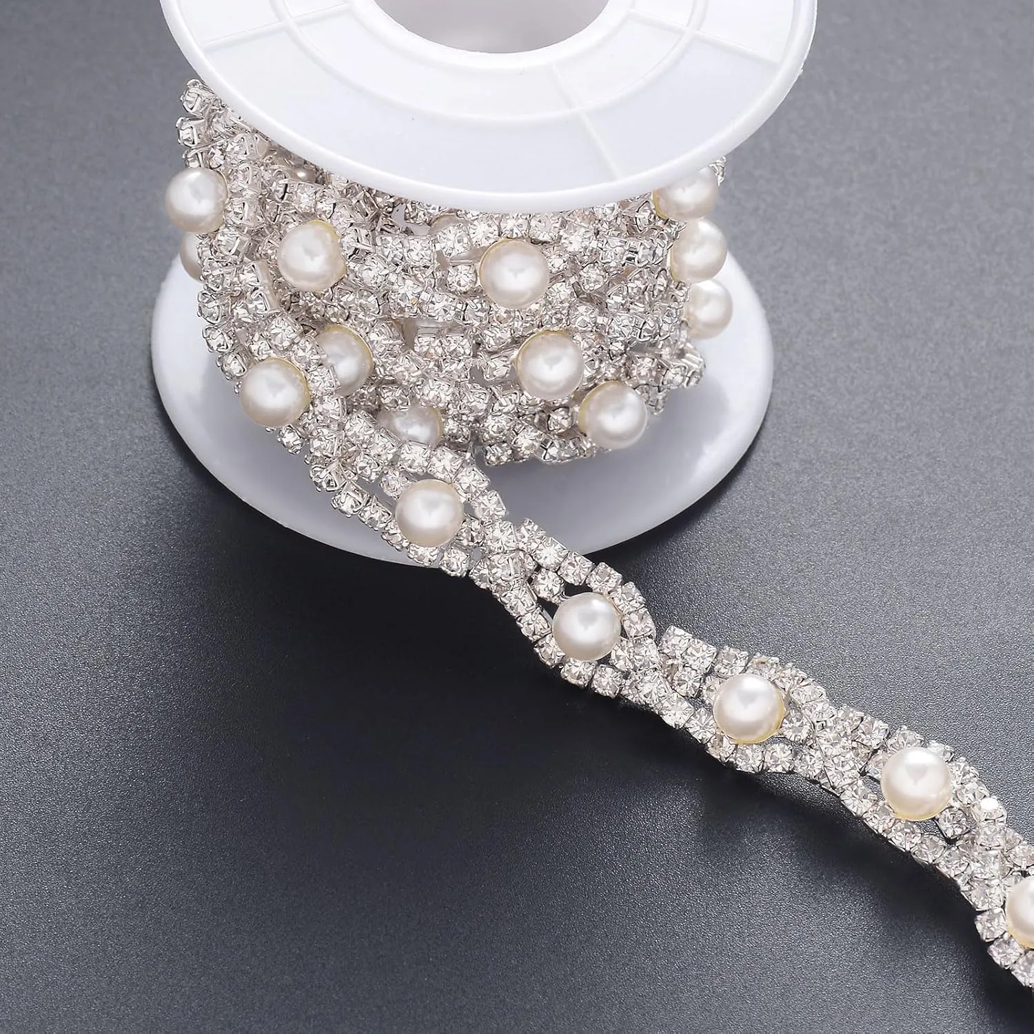 Jerler 1 Yard Pearl Rhinestone Trim, Inlaid Pearl Beaded Chain, Crystal Applique Ideal for DIY and Wedding Party Decoration Bridal Embellishments, 0.8" Width (Eye Pearl)