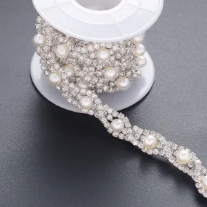 Jerler 1 Yard Pearl Rhinestone Trim, Inlaid Pearl Beaded Chain, Crystal Applique Ideal for DIY and Wedding Party Decoration Bridal Embellishments, 0.8" Width (Eye Pearl)