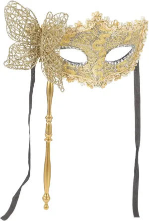 jojofuny Handheld Masquerade Mask with Stick Mardi Gras Masks Fancy Dress Masks Cosplay Costume for Dancing Party Prom Favors Supplies Golden Mardi Gras Costume