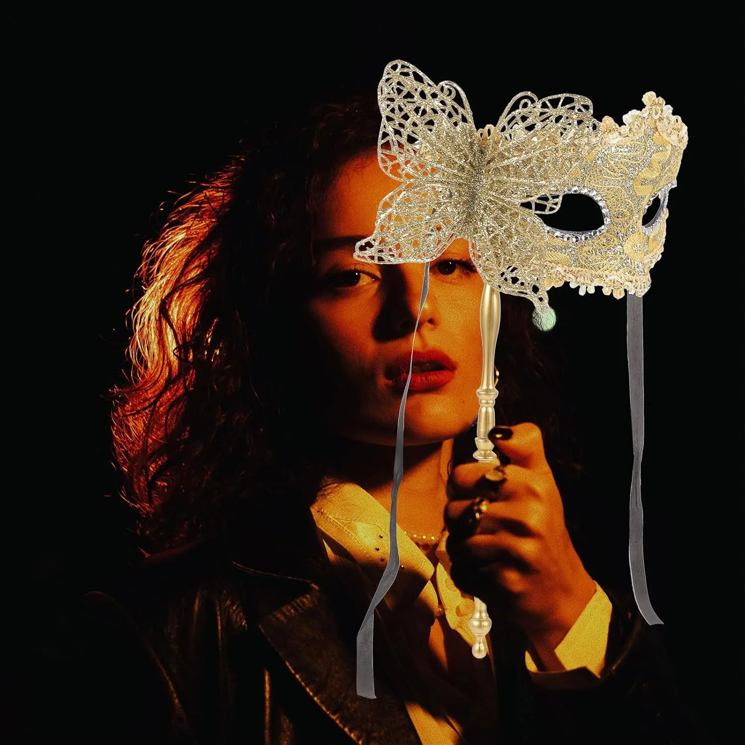 jojofuny Handheld Masquerade Mask with Stick Mardi Gras Masks Fancy Dress Masks Cosplay Costume for Dancing Party Prom Favors Supplies Golden Mardi Gras Costume