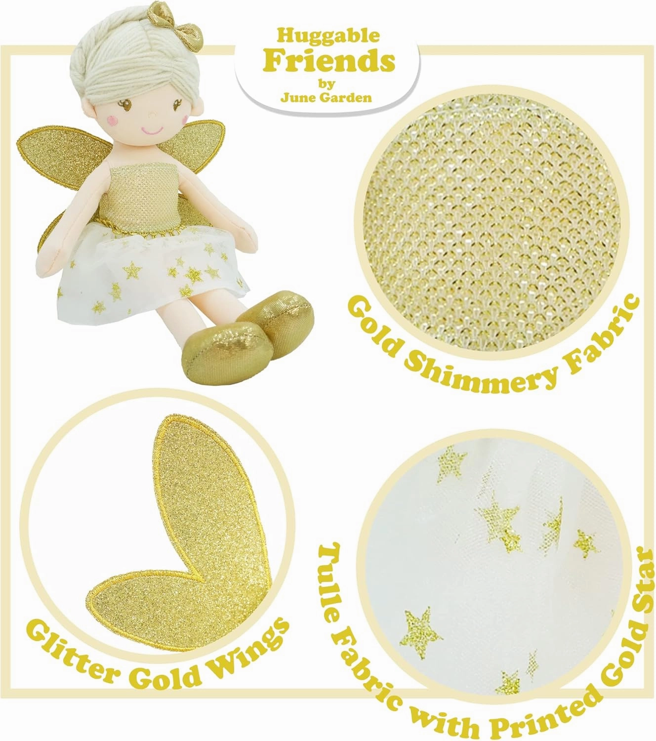 June Garden 12" Enchanted Garden Fairy Doll Joyce - Plush Stuffed Soft Doll Girl Gift - Gold Outfit and Wings