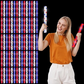 Junkin 24 Pcs 4th of July Glow Sticks Bulk 15.8" Red White Blue Foam Independence Day LED Glow Sticks with 3 Flashing Mode Star Pattern Patriotic Light for Memorial Day Birthday Party