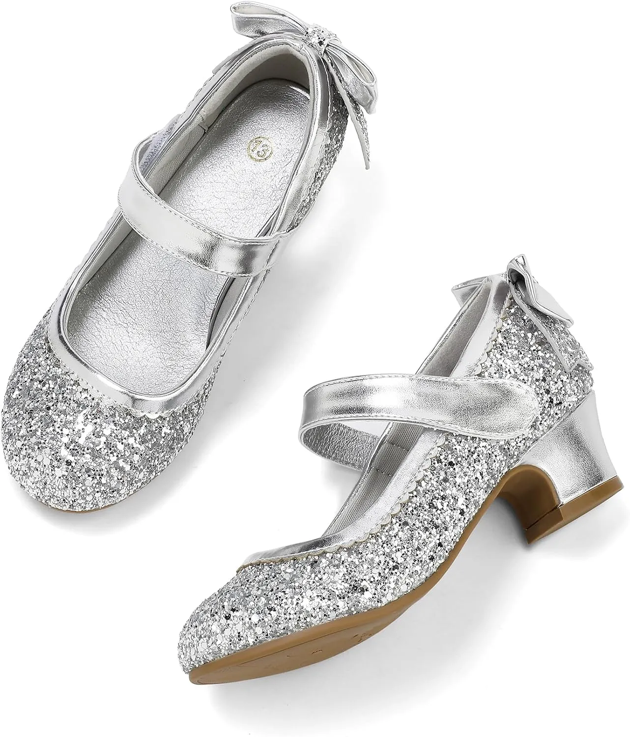 K KomForme Girls Dress Shoes Glitter Mary Jane Pumps with Bow, Low Heel Party Wedding Princess Shoes (Toddler/Little Kids/Big Kids)