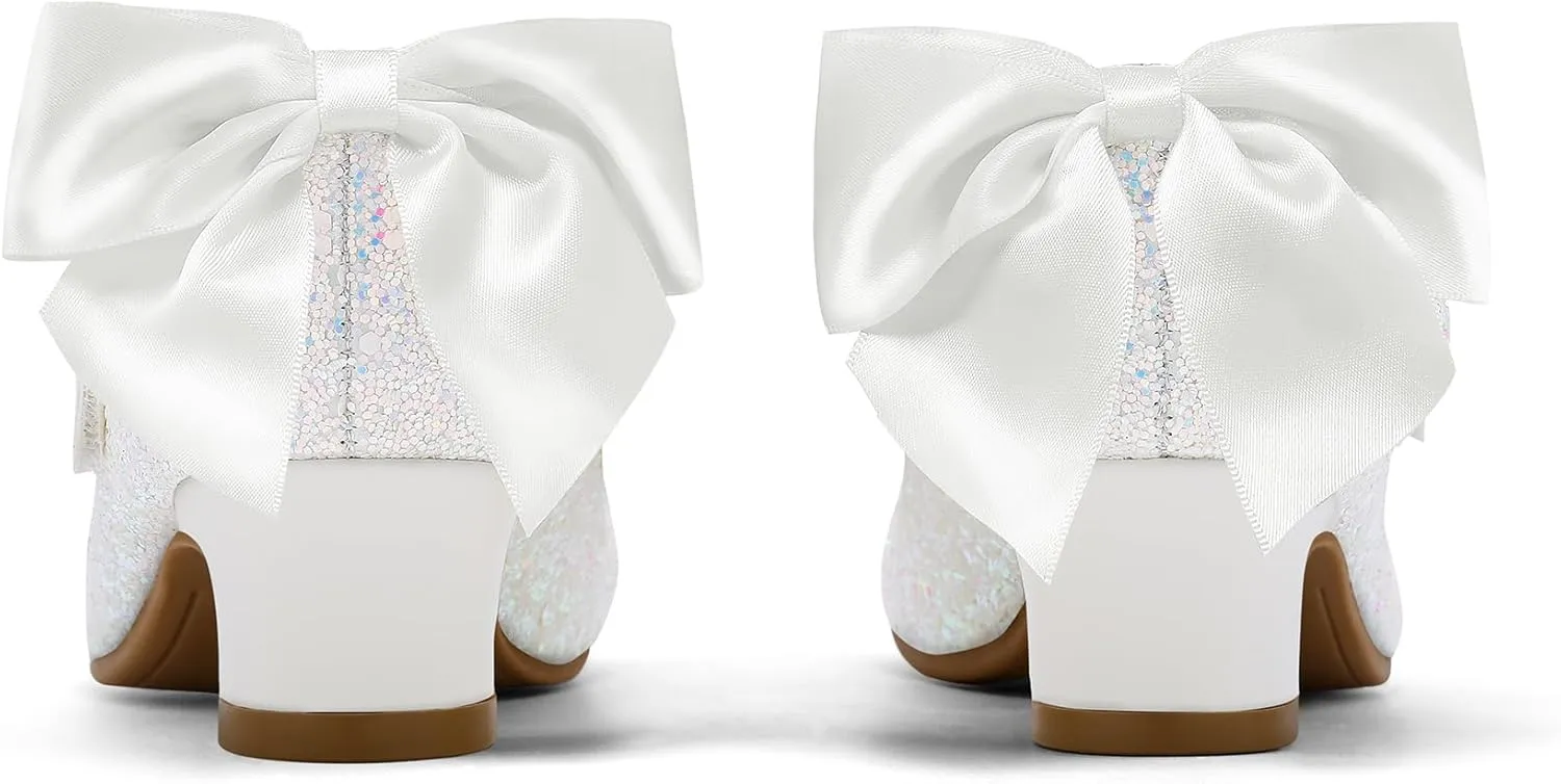 K KomForme Girls Dress Shoes Glitter Mary Jane Pumps with Bow, Low Heel Party Wedding Princess Shoes (Toddler/Little Kids/Big Kids)