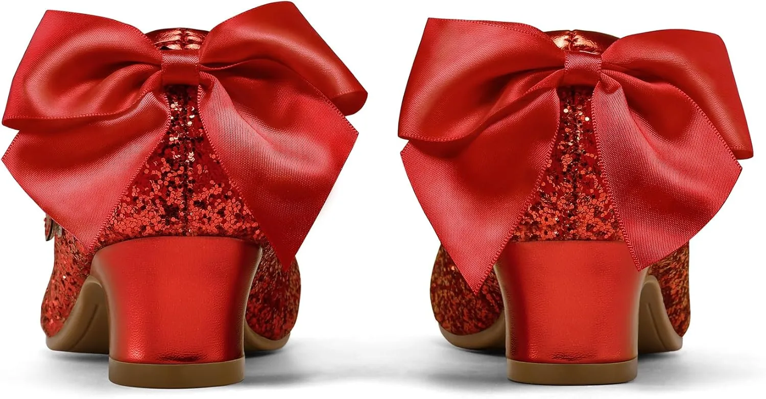 K KomForme Girls Dress Shoes Glitter Mary Jane Pumps with Bow, Low Heel Party Wedding Princess Shoes (Toddler/Little Kids/Big Kids)