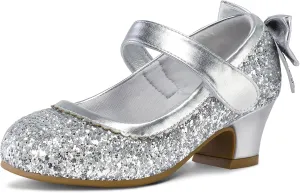 K KomForme Girls Dress Shoes Glitter Mary Jane Pumps with Bow, Low Heel Party Wedding Princess Shoes (Toddler/Little Kids/Big Kids)