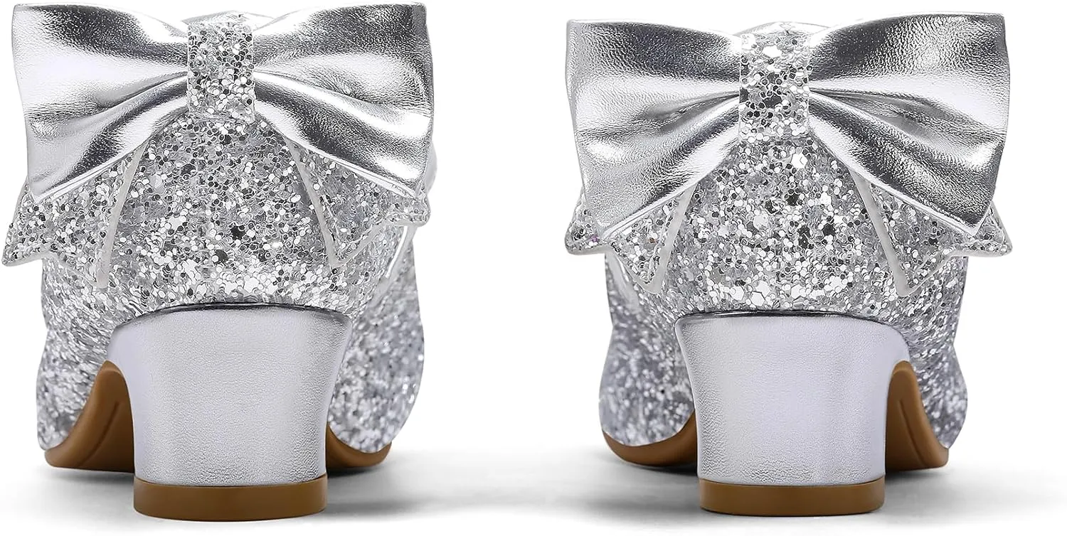 K KomForme Girls Dress Shoes Glitter Mary Jane Pumps with Bow, Low Heel Party Wedding Princess Shoes (Toddler/Little Kids/Big Kids)
