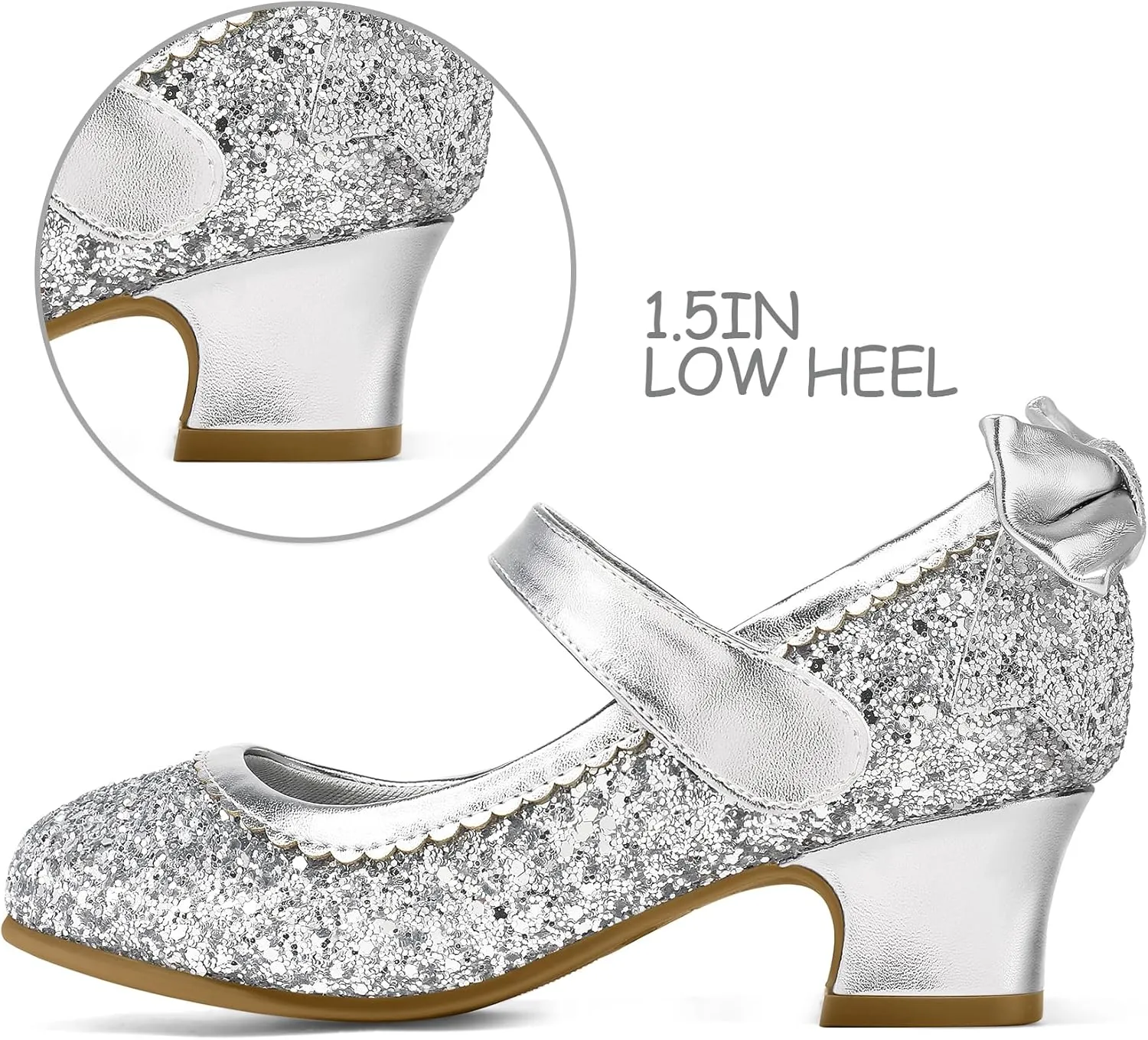 K KomForme Girls Dress Shoes Glitter Mary Jane Pumps with Bow, Low Heel Party Wedding Princess Shoes (Toddler/Little Kids/Big Kids)