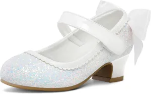 K KomForme Girls Dress Shoes Glitter Mary Jane Pumps with Bow, Low Heel Party Wedding Princess Shoes (Toddler/Little Kids/Big Kids)