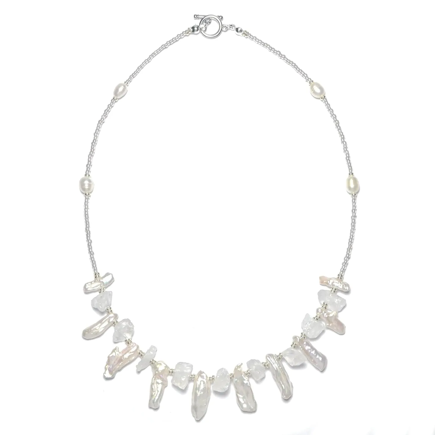 Kaiga | Beaded Necklace with Freshwater Toothpick Pearls and Real Crystal and Healing Stone 14K Gold Homemade Necklace, Jewelry for Chic Bold Women
